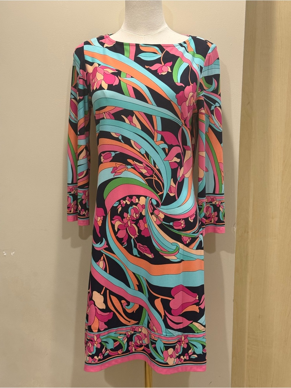 London Times Pink, Teal & Black Swirl Print Long Sleeve Dress